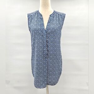 H M Sleeveless Blue White Geometric Print V Neck Button Front Tunic Top‎ US 8
